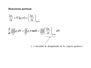Reacciones químicas


∂ρ i                ⎛ ∂ρ i ⎞
     + ∇·(ρ i v ) = ⎜      ⎟
 ∂t                 ⎝ ∂t ⎠ quím

d                                 ⎛ ∂ρ i ⎞
  ∫∫∫ ρ i dV + ∫∫ ρ i v·ndS = ∫∫∫ ⎜ ∂t ⎟ quím dV
dt V            S              V ⎝       ⎠



                      ri ≡ velocidad de desaparición de la especie química i
 
