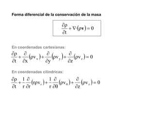 Forma diferencial de la conservación de la masa

                          ∂ρ
                             + ∇·(ρv ) = 0
                          ∂t

En coordenadas cartesianas:
∂ρ ∂           ∂         ∂
  +   (ρv x ) + (ρv y ) + (ρv z ) = 0
∂t ∂x          ∂y        ∂z

En coordenadas cilíndricas:
∂ρ 1 ∂             1 ∂           ∂
  +     (rρv r ) +      (ρv θ ) + (ρv z ) = 0
∂t r ∂r            r ∂θ          ∂z
 