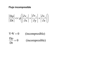 Flujo incompresible


Dρ     ⎛ ∂v x   ∂v y   ∂v z     ⎞
       ⎜
   << ρ⎜      +      +          ⎟
                                ⎟
Dt     ⎝ ∂x      ∂y     ∂z      ⎠


∇·V = 0       (incompresible)
Dρ
   =0         (incompresible)
Dt
 