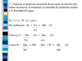 3.- Expresar el grado de saturación de un suelo en función del
índice de huecos, la humedad, la densidad de partículas sólidas
y la densidad del agua.


Sr = f ( e , W , ρ s , pw )
Por definición : Sr = Vw x 100      (1)
                        Vv
Como ρ w = Mw           Vw = Mw      (2)
              Vw              ρw
Como W = Mw x 100             Mw = W x Ms          (3)
              Ms                           100
 