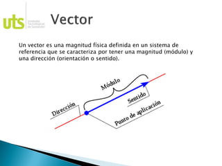 Un vector es una magnitud física definida en un sistema de
referencia que se caracteriza por tener una magnitud (módulo) y
una dirección (orientación o sentido).
 