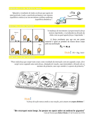 “Quando a resultante de todas as forças que agem em
uma partícula é nula, a partícula permanece em repouso
(equilíbrio estático) ou em movimento retilíneo uniforme
                                  (equilíbrio dinâmico)”.




                                                 “A mudança de movimento é proporcional à força
                                                   motora imprimida, e é produzida na direção da
                                                    linha reta na qual aquela força é imprimida.”.

                                                      A força resultante que age em um ponto
                                               material é igual ao produto da massa desse corpo
                                               pela sua aceleração:
                                                                    FR = m.a

                                                                          Dicão 1N = 1kg. 1m/s²


 "Para toda força que surgir num corpo como resultado da interação com um segundo corpo, deve
     surgir nesse segundo uma outra força, chamada de reação, cuja intensidade e direção são as
                                  mesmas da primeira, mas cujo sentido é o oposto da primeira."




                   Dicão
                     “A força de ação nunca anula a sua reação, pois atuam em corpos distintos”.



     “Se enxerguei mais longe, foi porque me apoiei sobre os ombros de gigantes”
                                             Carta de Newton para Robert Hooke (15 de Fevereiro de 1676)
 