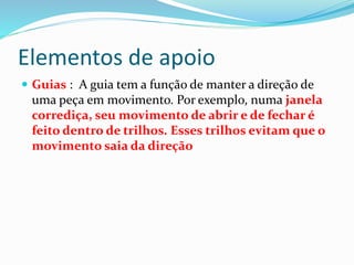 Elementos de apoio
 Guias : A guia tem a função de manter a direção de
uma peça em movimento. Por exemplo, numa janela
corrediça, seu movimento de abrir e de fechar é
feito dentro de trilhos. Esses trilhos evitam que o
movimento saia da direção
 