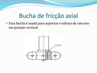 Bucha de fricção axial
 Essa bucha é usada para suportar o esforço de um eixo
em posição vertical.
 