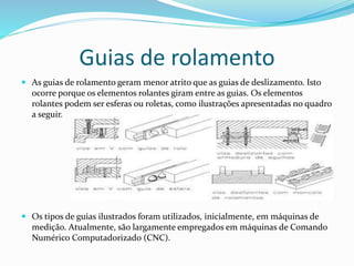 Guias de rolamento
 As guias de rolamento geram menor atrito que as guias de deslizamento. Isto
ocorre porque os elementos rolantes giram entre as guias. Os elementos
rolantes podem ser esferas ou roletas, como ilustrações apresentadas no quadro
a seguir.
 Os tipos de guias ilustrados foram utilizados, inicialmente, em máquinas de
medição. Atualmente, são largamente empregados em máquinas de Comando
Numérico Computadorizado (CNC).
 