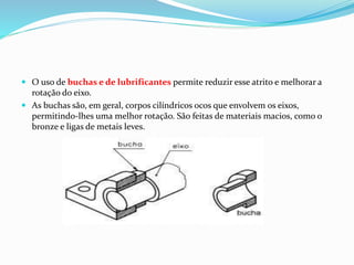  O uso de buchas e de lubrificantes permite reduzir esse atrito e melhorar a
rotação do eixo.
 As buchas são, em geral, corpos cilíndricos ocos que envolvem os eixos,
permitindo-lhes uma melhor rotação. São feitas de materiais macios, como o
bronze e ligas de metais leves.
 