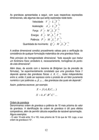 As grandezas apresentadas a seguir, com suas respectivas expressões
dimensionais, são algumas das que serão exploradas neste texto:
                                                1
                      Velocidade: V       L .T
                                                      2
                        Aceleração: A        L .T
                                                      2
                        Força: F        M . L .T
                                                2         2
                      Energia: E        M . L .T
                                                2         3
                      Potência: P       M . L .T
                                                               1
              Quantidade de movimento: Q            M . L .T

A análise dimensional constitui procedimento valioso para a verificação da
consistência de qualquer formulação matemática de uma grandeza física.
Pelo princípio da homogeneidade dimensional, “toda equação que traduz
um fenômeno físico verdadeiro é, necessariamente, homogênea do ponto-
de-vista dimensional”.
Além disso, de acordo com o teorema de Bridgman (ou de previsão de
fórmulas), “se experimentalmente constatado que uma grandeza física Y
depende apenas das grandezas físicas A, B, C,..., todas independentes
entre si, então X pode ser expresso como o produto de um fator puramente
numérico k por potências , , ,..., das grandezas das quais ele depende”.
Assim, podemos escrever, por exemplo:
                            X      f ( A, B, C,...)

                            X    k. A .B .C ...

Ordem de grandeza
Denominamos ordem de grandeza a potência de 10 mais próxima do valor
da grandeza. A identificação da ordem de grandeza é útil para efeitos
comparativos, além de permitir cálculos expeditos de razoável aproximação.
Alguns exemplos:
- O valor 18 está entre 10 e 100, mais próximo de 10 do que de 100. Logo, a sua
ordem de grandeza é 101.



                                     12
 