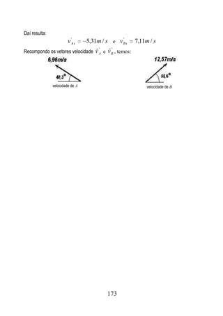 Daí resulta:
                          '                     '
                        v Ax 5,31m / s e v Bx 7,11m / s
                                 ' '
Recompondo os vetores velocidade v A e v B , temos:




               velocidade de A                     velocidade de B




                                  173
 