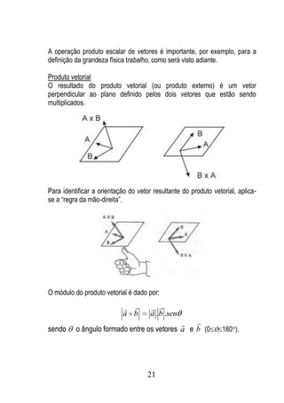 A operação produto escalar de vetores é importante, por exemplo, para a
definição da grandeza física trabalho, como será visto adiante.

Produto vetorial
O resultado do produto vetorial (ou produto externo) é um vetor
perpendicular ao plano definido pelos dois vetores que estão sendo
multiplicados.




Para identificar a orientação do vetor resultante do produto vetorial, aplica-
se a “regra da mão-direita”.




O módulo do produto vetorial é dado por:

                                     
                            a b       a . b .sen
                                               
sendo     o ângulo formado entre os vetores a e b (0             180 ).




                                     21
 