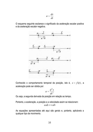 dv
                                 a
                                      dt

O esquema seguinte esclarece o significado da aceleração escalar positiva
e da aceleração escalar negativa.




Conhecido o comportamento temporal da posição, isto é, s           f (t ) , a
aceleração pode ser obtida por:
                                      d 2s
                                a
                                      dt 2
Ou seja, a segunda derivada da posição em relação ao tempo.

Portanto, a aceleração, a posição e a velocidade assim se relacionam:
                               a.ds       v.dv

As equações apresentadas até aqui são gerais e, portanto, aplicáveis a
qualquer tipo de movimento.


                                     35
 