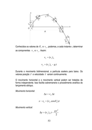 Conhecidos os valores de    o   e v o , podemos, a cada instante t, determinar
as componentes v x e v y . Assim:

                                 vx       (v x ) o

                            vy        (v y ) o       g.t

Durante o movimento bidimensional, a partícula acelera para baixo. Os
                              
vetores posição r e velocidade v variam continuamente.

O movimento horizontal e o movimento vertical podem ser tratados de
forma independente. Isso facilita sobremaneira o procedimento analítico do
lançamento oblíquo.

Movimento horizontal:
                                   x      vx . t

                           x xo        (vo . cos        o   ).t

Movimento vertical:
                                                     g .t 2
                            y     (v y ) o .t
                                                      2

                                        53
 
