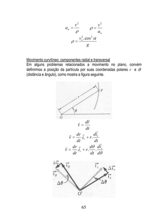 v2                v2
                      an
                                                 an
                                    vo . cos 2
                                     2


                                          g


Movimento curvilíneo: componentes radial e transversal
Em alguns problemas relacionados a movimento no plano, convém
definirmos a posição da partícula por suas coordenadas polares r e
(distância e ângulo), como mostra a figura seguinte.




                                         
                                       dr
                                 v
                                        dt   
                                dr       d ir
                          v         .ir r.
                                 dt        dt
                                                
                             dr       d d ir
                      v          .ir r. .
                              dt        dt d




                                     65
 