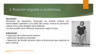 I .Posición erguida o anatómica.
Enfermeria, fundamentos de-Rosales Barrera Susana-Reyes Gómez
Eva.Págs 125-152.
Descripción:
Alineación de segmentos corporales en sentido vertical con
extremidades superiores a los lados del cuerpo, manos en pronación,
cabeza recta y pies dirigidos hacia adelante.
Los pies pueden tener diferente separación, según el caso.
Indicaciones:
• Valoración de conformación exterior.
• Definición de planos corporales.
• Reducción de tensión excesiva sobre articulaciones que soportan el
peso corporal.
 