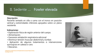 II. Sedente .... Fowler elevada
Enfermeria, fundamentos de-Rosales Barrera Susana-Reyes Gómez
Eva.Págs 125-152.
Descripción:
Paciente sentado en silla o cama con el tronco en posición
vertical y extremidades inferiores apoyados sobre un plano
resistente.
Indicaciones:
• Exploración física de región anterior del cuerpo.
• Alimentación.
• Favorecer exhalación respiratoria adicional.
• Disminuir tensión muscular abdominal y lumbar.
• Aplicación de algunos tratamientos o intervenciones
quirúrgicas en cabeza o cara.
• Descanso.
 
