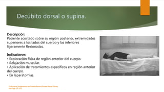 Decúbito dorsal o supina.
Enfermeria, fundamentos de-Rosales Barrera Susana-Reyes Gómez
Eva.Págs 125-152.
Descripción:
Paciente acostado sobre su región posterior, extremidades
superiores a los lados del cuerpo y las inferiores
ligeramente flexionadas.
Indicaciones:
• Exploración física de región anterior del cuerpo.
• Relajación muscular.
• Aplicación de tratamientos específicos en región anterior
del cuerpo.
• En laparatomías.
 