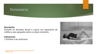 Dorsosacra.
Enfermeria, fundamentos de-Rosales Barrera Susana-Reyes Gómez
Eva.Págs 125-152.
Descripción:
Paciente en decúbito dorsal o supina con separación de
rodillas y pies apoyados sobre un plano resistente.
Indicaciones:
• Similares a las anteriores.
 