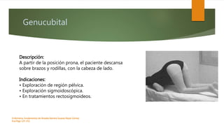 Genucubital
Enfermeria, fundamentos de-Rosales Barrera Susana-Reyes Gómez
Eva.Págs 125-152.
Descripción:
A partir de la posición prona, el paciente descansa
sobre brazos y rodillas, con la cabeza de lado.
Indicaciones:
• Exploración de región pélvica.
• Exploración sigmoidoscópica.
• En tratamientos rectosigmoideos.
 