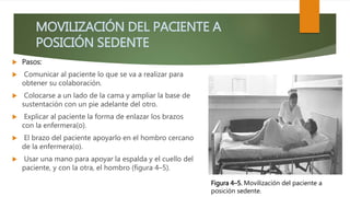 MOVILIZACIÓN DEL PACIENTE A
POSICIÓN SEDENTE
 Pasos:
 Comunicar al paciente lo que se va a realizar para
obtener su colaboración.
 Colocarse a un lado de la cama y ampliar la base de
sustentación con un pie adelante del otro.
 Explicar al paciente la forma de enlazar los brazos
con la enfermera(o).
 El brazo del paciente apoyarlo en el hombro cercano
de la enfermera(o).
 Usar una mano para apoyar la espalda y el cuello del
paciente, y con la otra, el hombro (figura 4–5).
Figura 4–5. Movilización del paciente a
posición sedente.
 