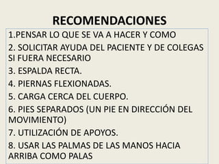 RECOMENDACIONES
1.PENSAR LO QUE SE VA A HACER Y COMO
2. SOLICITAR AYUDA DEL PACIENTE Y DE COLEGAS
SI FUERA NECESARIO
3. ESPALDA RECTA.
4. PIERNAS FLEXIONADAS.
5. CARGA CERCA DEL CUERPO.
6. PIES SEPARADOS (UN PIE EN DIRECCIÓN DEL
MOVIMIENTO)
7. UTILIZACIÓN DE APOYOS.
8. USAR LAS PALMAS DE LAS MANOS HACIA
ARRIBA COMO PALAS
 