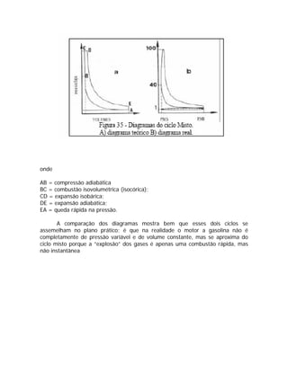 onde
AB = compressão adiabática
BC = combustão isovolumétrica (isocórica);
CD = expansão isobárica;
DE = expansão adiabática;
EA = queda rápida na pressão.
A comparação dos diagramas mostra bem que esses dois ciclos se
assemelham no plano prático; é que na realidade o motor a gasolina não é
completamente de pressão variável e de volume constante, mas se aproxima do
ciclo misto porque a “explosão” dos gases é apenas uma combustão rápida, mas
não instantânea
 