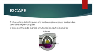 ESCAPE 
El otro vértice del rotor pasa a la lumbrera de escape y la descubre 
para que salgan los gases 
El ciclo continua de manera simultanea en las tres cámaras 
 