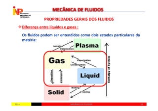 PROPRIEDADES GERAIS DOS FLUIDOSPROPRIEDADES GERAIS DOS FLUIDOS
Diferença entre líquidos e gases :
Os fluidos podem ser entendidos como dois estados particulares da
matéria:
MECÂNICA DE FLUIDOS
20142014 1616MECÂNICA DE FLUIDOSMECÂNICA DE FLUIDOS
 