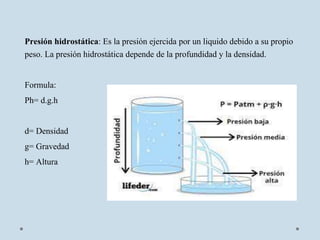 Presión hidrostática: Es la presión ejercida por un liquido debido a su propio
peso. La presión hidrostática depende de la profundidad y la densidad.
Formula:
Ph= d.g.h
d= Densidad
g= Gravedad
h= Altura
 