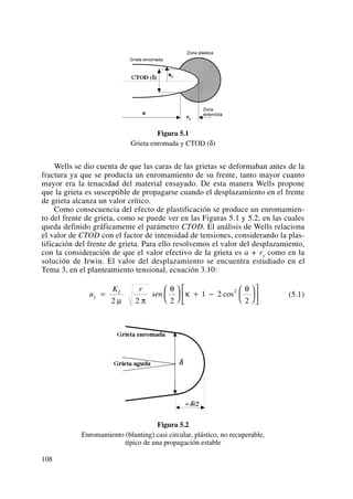 Figura 5.1
Grieta enromada y CTOD (δ)
Wells se dio cuenta de que las caras de las grietas se deformaban antes de la
fractura ya que se producía un enromamiento de su frente, tanto mayor cuanto
mayor era la tenacidad del material ensayado. De esta manera Wells propone
que la grieta es susceptible de propagarse cuando el desplazamiento en el frente
de grieta alcanza un valor crítico.
Como consecuencia del efecto de plastificación se produce un enromamien-
to del frente de grieta, como se puede ver en las Figuras 5.1 y 5.2, en las cuales
queda definido gráficamente el parámetro CTOD. El análisis de Wells relaciona
el valor de CTOD con el factor de intensidad de tensiones, considerando la plas-
tificación del frente de grieta. Para ello resolvemos el valor del desplazamiento,
con la consideración de que el valor efectivo de la grieta es a + ry como en la
solución de Irwin. El valor del desplazamiento se encuentra estudiado en el
Tema 3, en el planteamiento tensional, ecuación 3.10:
(5.1)
Figura 5.2
Enromamiento (blunting) casi circular, plástico, no recuperable,
típico de una propagación estable
u
K r
seny
I
=
⎛
⎝
⎜
⎞
⎠
⎟ + −
⎛
⎝
⎜
⎞
⎠
⎟
⎡
⎣
⎢
⎤
⎦
⎥
2 2 2
1 2
2
2
μ π
θ
κ
θ
cos
108
 