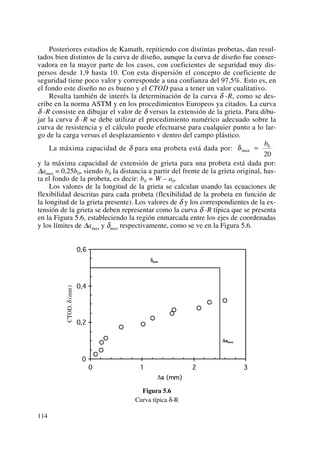 Posteriores estudios de Kamath, repitiendo con distintas probetas, dan resul-
tados bien distintos de la curva de diseño, aunque la curva de diseño fue conser-
vadora en la mayor parte de los casos, con coeficientes de seguridad muy dis-
persos desde 1,9 hasta 10. Con esta dispersión el concepto de coeficiente de
seguridad tiene poco valor y corresponde a una confianza del 97,5%. Esto es, en
el fondo este diseño no es bueno y el CTOD pasa a tener un valor cualitativo.
Resulta también de interés la determinación de la curva δ -R, como se des-
cribe en la norma ASTM y en los procedimientos Europeos ya citados. La curva
δ -R consiste en dibujar el valor de δ versus la extensión de la grieta. Para dibu-
jar la curva δ -R se debe utilizar el procedimiento numérico adecuado sobre la
curva de resistencia y el cálculo puede efectuarse para cualquier punto a lo lar-
go de la carga versus el desplazamiento v dentro del campo plástico.
La máxima capacidad de δ para una probeta está dada por:
y la máxima capacidad de extensión de grieta para una probeta está dada por:
Δamax = 0,25b0, siendo b0 la distancia a partir del frente de la grieta original, has-
ta el fondo de la probeta, es decir: b0 = W – a0.
Los valores de la longitud de la grieta se calculan usando las ecuaciones de
flexibilidad descritas para cada probeta (flexibilidad de la probeta en función de
la longitud de la grieta presente). Los valores de δ y los correspondientes de la ex-
tensión de la grieta se deben representar como la curva δ -R típica que se presenta
en la Figura 5.6, estableciendo la región enmarcada entre los ejes de coordenadas
y los límites de Δamax y δmax respectivamente, como se ve en la Figura 5.6.
Figura 5.6
Curva típica δ-R
δmax =
b0
20
114
 