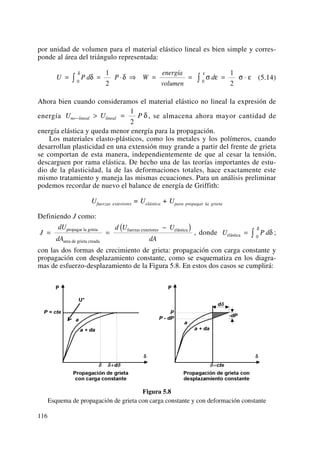 por unidad de volumen para el material elástico lineal es bien simple y corres-
ponde al área del triángulo representada:
(5.14)
Ahora bien cuando consideramos el material elástico no lineal la expresión de
energía , se almacena ahora mayor cantidad de
energía elástica y queda menor energía para la propagación.
Los materiales elasto-plásticos, como los metales y los polímeros, cuando
desarrollan plasticidad en una extensión muy grande a partir del frente de grieta
se comportan de esta manera, independientemente de que al cesar la tensión,
descarguen por rama elástica. De hecho una de las teorías importantes de estu-
dio de la plasticidad, la de las deformaciones totales, hace exactamente este
mismo tratamiento y maneja las mismas ecuaciones. Para un análisis preliminar
podemos recordar de nuevo el balance de energía de Griffith:
Ufuerzas exteriores = Uelástica + Upara propagar la grieta
Definiendo J como:
, donde ;
con las dos formas de crecimiento de grieta: propagación con carga constante y
propagación con desplazamiento constante, como se esquematiza en los diagra-
mas de esfuerzo-desplazamiento de la Figura 5.8. En estos dos casos se cumplirá:
Figura 5.8
Esquema de propagación de grieta con carga constante y con deformación constante
U P delástica = ∫ δ
δ
0
J
dU
dA
d U U
dA
= =
−( )propagar la grieta
area de grieta creada
fuerzas exteriores elástica
U U Pno lineal lineal− > =
1
2
δ
U P d P W
energía
volumen
d= = ⋅ ⇒ = = = ⋅∫ ∫δ δ σ ε σ ε
δ ε1
2
1
20 0
116
 