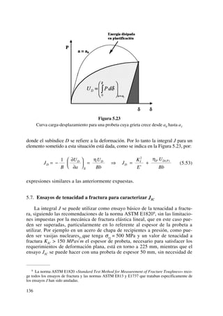 Figura 5.23
Curva carga-desplazamiento para una probeta cuya grieta crece desde a0 hasta a1
donde el subíndice D se refiere a la deformación. Por lo tanto la integral J para un
elemento sometido a esta situación está dada, como se indica en la Figura 5.23, por:
(5.53)
expresiones similares a las anteriormente expuestas.
5.7. Ensayos de tenacidad a fractura para caracterizar JIC
La integral J se puede utilizar como ensayo básico de la tenacidad a fractu-
ra, siguiendo las recomendaciones de la norma ASTM E18209, sin las limitacio-
nes impuestas por la mecánica de fractura elástica lineal, que en este caso pue-
den ser superadas, particularmente en lo referente al espesor de la probeta a
utilizar. Por ejemplo en un acero de chapa de recipientes a presión, como pue-
den ser vasijas nucleares, que tenga σys = 500 MPa y un valor de tenacidad a
fractura KIC > 150 MPa√m el espesor de probeta, necesario para satisfacer los
requerimientos de deformación plana, está en torno a 225 mm, mientras que el
ensayo JIC se puede hacer con una probeta de espesor 50 mm, sin necesidad de
J
B
U
a
U
Bb
J
K
E
U
Bb
D
D D
D
I P D P
= −
∂
∂
⎛
⎝
⎜
⎞
⎠
⎟ = ⇒ = +
1 2
δ
η η
'
( )
136
9 La norma ASTM E1820 «Standard Test Method for Measurement of Fracture Toughness» reco-
ge todos los ensayos de fractura y las normas ASTM E813 y E1737 que trataban específicamente de
los ensayos J han sido anuladas.
 