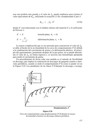 usar una probeta más grande y el valor de JIC puede emplearse para estimar el
valor equivalente de KIC, utilizando la ecuación (3.18), reemplazando G por J.
(5.54)
donde E’ está relacionado con el módulo elástico del material E y el coeficiente
de Poisson ν.
La mayor complicación que se nos presenta para caracterizar el valor de JIC
se debe al hecho de la no-linealidad de la curva de comportamiento P-δ, debida
a la combinación del crecimiento de grieta y la deformación plástica. Al princi-
pio del agrietamiento, justamente después de la pre-grieta, no se puede determi-
nar el valor de JIC en forma rigurosa y se necesita una metodología apropiada
para medir el crecimiento de grieta.
Un procedimiento de llevar cabo esta medida es el método de flexibilidad
en descarga, que implica la realización de descargas de pequeña cuantía a inter-
valos periódicos, cuando se mide el comportamiento P-δ, como se puede ver en
la Figura 5.24. Las pendientes de las líneas P-δ durante la descarga y recarga,
Figura 5.24
Curva de comportamiento carga-desplazamiento (P-δ) durante un ensayo
de tenacidad a fractura con descargas elásticas periódicas
E E
E
E
z
z
'
'
= =
=
−
=
(tensión plana, )
(deformación plana, )
σ
ν
ε
0
1
02
K J EIc J IC= '
137
 