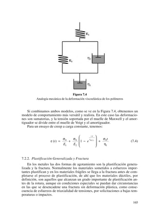 Figura 7.4
Analogía mecánica de la deformación viscoelástica de los polímeros
Si combinamos ambos modelos, como se ve en la Figura 7.4, obtenemos un
modelo de comportamiento más versátil y realista. En este caso las deformacio-
nes son sumatorias, y la tensión soportada por el muelle de Maxwell y el amor-
tiguador se divide entre el muelle de Voigt y el amortiguador.
Para un ensayo de creep a carga constante, tenemos:
(7.4)
7.2.2. Plastificación Generalizada y Fractura
En los metales las dos formas de agotamiento son la plastificación genera-
lizada y la fractura. Normalmente los materiales sometidos a esfuerzos impor-
tantes plastifican y en los materiales frágiles se llega a la fractura antes de com-
pletarse el proceso de plastificación, de ahí que los materiales dúctiles, por
definición, son aquellos que alcanzan un grado importante de plastificación an-
tes de la rotura, aunque en condiciones especiales se puedan dar circunstancias
en las que se desencadene una fractura sin deformación plástica, como conse-
cuencia de esfuerzos de triaxialidad de tensiones, por solicitaciones a bajas tem-
peraturas o impactos.
ε
σ σ σ
η
( ) ( )
t
E E
e
t
t
tR
= + −
⎛
⎝
⎜
⎜
⎞
⎠
⎟
⎟
+
−
0
1
0
2
0
1
1 2
165
 