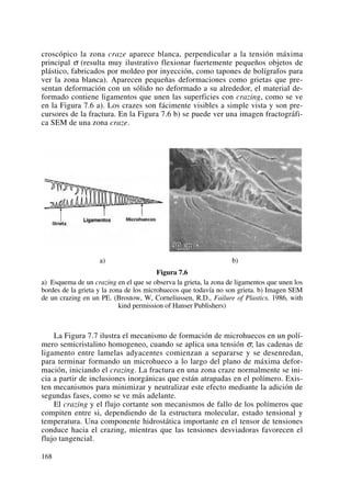 croscópico la zona craze aparece blanca, perpendicular a la tensión máxima
principal σ (resulta muy ilustrativo flexionar fuertemente pequeños objetos de
plástico, fabricados por moldeo por inyección, como tapones de bolígrafos para
ver la zona blanca). Aparecen pequeñas deformaciones como grietas que pre-
sentan deformación con un sólido no deformado a su alrededor, el material de-
formado contiene ligamentos que unen las superficies con crazing, como se ve
en la Figura 7.6 a). Los crazes son fácimente visibles a simple vista y son pre-
cursores de la fractura. En la Figura 7.6 b) se puede ver una imagen fractográfi-
ca SEM de una zona craze.
a) b)
Figura 7.6
a) Esquema de un crazing en el que se observa la grieta, la zona de ligamentos que unen los
bordes de la grieta y la zona de los microhuecos que todavía no son grieta. b) Imagen SEM
de un crazing en un PE. (Brostow, W, Corneliussen, R.D., Failure of Plastics, 1986, with
kind permission of Hanser Publishers)
La Figura 7.7 ilustra el mecanismo de formación de microhuecos en un polí-
mero semicristalino homogeneo, cuando se aplica una tensión σ; las cadenas de
ligamento entre lamelas adyacentes comienzan a separarse y se desenredan,
para terminar formando un microhueco a lo largo del plano de máxima defor-
mación, iniciando el crazing. La fractura en una zona craze normalmente se ini-
cia a partir de inclusiones inorgánicas que están atrapadas en el polímero. Exis-
ten mecanismos para minimizar y neutralizar este efecto mediante la adición de
segundas fases, como se ve más adelante.
El crazing y el flujo cortante son mecanismos de fallo de los polímeros que
compiten entre si, dependiendo de la estructura molecular, estado tensional y
temperatura. Una componente hidrostática importante en el tensor de tensiones
conduce hacia el crazing, mientras que las tensiones desviadoras favorecen el
flujo tangencial.
168
 