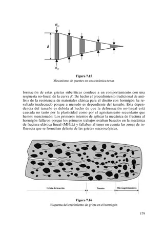 Figura 7.15
Mecanismo de puentes en una cerámica tenaz
formación de estas grietas subcríticas conduce a un comportamiento con una
respuesta no-lineal de la curva R. De hecho el procedimiento tradicional de aná-
lisis de la resistencia de materiales clásica para el diseño con hormigón ha re-
sultado inadecuado porque a menudo es dependiente del tamaño. Esta depen-
dencia del tamaño es debida al hecho de que la deformación no-lineal está
causada no tanto por la plasticidad como por el agrietamiento secundario que
hemos mencionado: Los primeros intentos de aplicar la mecánica de fractura al
hormigón fallaron porque los primeros trabajos estaban basados en la mecánica
de fractura elástica lineal (MFEL) y fallaban al tener en cuenta las zonas de in-
fluencia que se formaban delante de las grietas macroscópicas.
Figura 7.16
Esquema del crecimiento de grieta en el hormigón
179
 