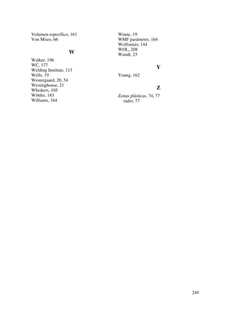 Volumen específico, 161
Von Mises, 66
W
Walker, 196
WC, 177
Welding Institute, 113
Wells, 19
Westergaard, 20, 54
Westinghouse, 21
Whiskers, 105
Wöhler, 183
Williams, 164
Winne, 19
WMF parámetro, 164
Wolframio, 144
WOL, 208
Wundt, 23
Y
Young, 162
Z
Zonas plásticas, 74, 77
radio, 77
249
 