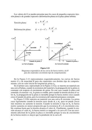 Los valores de G se pueden presentar para los casos de pequeños espesores (ten-
sión plana) o de grandes espesores (deformación plana) en la placa plana infinita:
Tensión plana:
Deformación plana:
Figura 2.11
Diagramas esquemáticos de las curvas de fuerza motriz y de R
para dos materiales con distinto tipo de comportamiento
En la Figura 2.11 representamos esquemáticamente, las curvas de fuerza
motriz G y de tenacidad R para dos materiales con distinto tipo de comporta-
miento, con un valor inicial de longitud de grieta a0.
En el primer caso, representado en la Figura 2.11(a), se muestra un material con
una curva R plana, cuando la resistencia del material a la propagación de la grieta es
constante con respecto al crecimiento de grieta. En este caso cuando la placa está
sometida a la tensión = σ1, la grieta es estable, pero cuando la tensión alcanza el va-
lor σ2, la propagación de la grieta es inestable porque la fuerza motriz crece cuando
crece el tamaño de grieta, pero la resistencia del material permanece constante.
La Figura 2.11(b) muestra un material con una curva R creciente. La grieta
crece ligeramente cuando la tensión crece desde σ1 a σ2, pero no puede crecer
más mientras no aumente la tensión. Cuando la tensión es fija en σ2, la fuerza
motriz aumenta en menor proporción que la resistencia R y el crecimiento esta-
ble continua hasta que la tensión alcanza el valor σ3. Finalmente, cuando la ten-
sión alcanza el valor σ4, la fuerza motriz es tangente a la curva R. Con un creci-
miento adicional de la grieta la placa es inestable porque la tasa de crecimiento
de la fuerza motriz es mayor que la pendiente de la curva R.
G
a
E
= − ⋅
⋅ ⋅
( )1 2
2
ν
π σ
G
a
E
=
⋅ ⋅π σ2
40
 