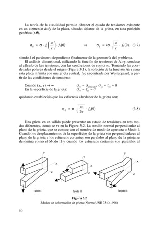 La teoría de la elasticidad permite obtener el estado de tensiones existente
en un elemento dxdy de la placa, situado delante de la grieta, en una posición
genérica (r,θ).
(3.7)
siendo k el parámetro dependiente finalmente de la geometría del problema.
El análisis dimensional, utilizando la función de tensiones de Airy, conduce
al cálculo de las tensiones, con las condiciones de contorno. Tomando las coor-
denadas polares desde el origen (Figura 3.1), la solución de la función Airy para
esta placa infinita con una grieta central, fue encontrada por Westergaard, a par-
tir de las condiciones de contorno:
Cuando (x, y) → ∞ σyy = σaplicado; σxx = τxy = 0
En la superficie de la grieta: σyy = τxy = 0
quedando establecido que los esfuerzos alrededor de la grieta son:
(3.8)
Una grieta en un sólido puede presentar un estado de tensiones en tres mo-
dos diferentes, como se ve en la Figura 3.2. La tensión normal perpendicular al
plano de la grieta, que se conoce con el nombre de modo de apertura o Modo I.
Cuando los desplazamientos de la superficies de la grieta son perpendiculares al
plano de la grieta y los esfuerzos cortantes son paralelos al plano de la grieta se
denomina como el Modo II y cuando los esfuerzos cortantes son paralelos al
Figura 3.2
Modos de deformación de grieta (Norma UNE 7540:1998)
σ σ θij ij
a
r
f= ⋅ ( )
2
σ σ θ σ σ θij ijf
a
r
f k
a
r
f= ⋅
⎛
⎝
⎜
⎞
⎠
⎟ ⋅ ( ) ⇒ = ⋅ ( )1 2 2
50
 