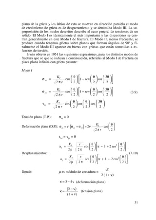 plano de la grieta y los labios de esta se mueven en dirección paralela el modo
de crecimiento de grieta es de desgarramiento y se denomina Modo III. La su-
perposición de los modos descritos describe el caso general de tensiones de un
sólido. El Modo I es técnicamente el más importante y las discusiones se cen-
tran generalmente en este Modo I de fractura. El Modo II, menos frecuente, se
produce cuando tenemos grietas sobre planos que forman ángulos de 90º y fi-
nalmente el Modo III aparece en barras con grietas que están sometidas a es-
fuerzos de torsión.
Irwin obtuvo en 1951 las siguientes expresiones, para los distintos modos de
fractura que se que se indican a continuación, referidas al Modo I de fractura en
placa plana infinita con grieta pasante:
Modo I
Tensión plana (T.P.): σzz = 0
Deformación plana (D.P.):
τxz = τyz = 0
Desplazamientos: (3.10)
Donde: μ es módulo de cortadura =
(deformación plana)
(tensión plana)κ
ν
ν
=
−( )
+
3
1( )
κ ν= −3 4
E
2 1( )+ ν
u
K r
sen
u
K r
sen
x
I
y
I
=
⎛
⎝
⎜
⎞
⎠
⎟ − +
⎛
⎝
⎜
⎞
⎠
⎟
⎡
⎣
⎢
⎤
⎦
⎥
=
⎛
⎝
⎜
⎞
⎠
⎟ + −
⎛
⎝
⎜
⎞
⎠
⎟
⎡
⎣
⎢
⎤
⎦
⎥
2 2 2
1 2
2
2 2 2
1 2
2
2
2
μ π
θ
κ
θ
μ π
θ
κ
θ
cos
cos
σ ν σ σ ν
π
θ
zz xx yy
IK
r
= +( )=
⎛
⎝
⎜
⎞
⎠
⎟2
2 2
cos
(3.9)
σ
π
θ θ θ
σ
π
θ θ θ
τ
π
θ θ
xx
I
yy
I
xy
I
K
r
sen sen
K
r
sen sen
K
r
sen
=
⎛
⎝
⎜
⎞
⎠
⎟ −
⎛
⎝
⎜
⎞
⎠
⎟
⎛
⎝
⎜
⎞
⎠
⎟
⎡
⎣
⎢
⎤
⎦
⎥
=
⎛
⎝
⎜
⎞
⎠
⎟ +
⎛
⎝
⎜
⎞
⎠
⎟
⎛
⎝
⎜
⎞
⎠
⎟
⎡
⎣
⎢
⎤
⎦
⎥
=
⎛
⎝
⎜
⎞
⎠
⎟
⎛
⎝
⎜
⎞
⎠
⎟
2 2
1
2
3
2
2 2
1
2
3
2
2 2 2
3
cos
cos
cos cos
θθ
2
⎛
⎝
⎜
⎞
⎠
⎟
51
 