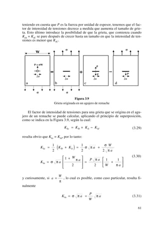 teniendo en cuenta que P es la fuerza por unidad de espesor, tenemos que el fac-
tor de intensidad de tensiones decrece a medida que aumenta el tamaño de grie-
ta. Esto último introduce la posibilidad de que la grieta, que comienza cuando
KIA = KIC se pare después de crecer hasta un tamaño en que la intensidad de ten-
siones es menor que KIC.
Figura 3.9
Grieta originada en un agujero de remache
El factor de intensidad de tensiones para una grieta que se origina en el agu-
jero de un remache se puede calcular, aplicando el principio de superposición,
como se indica en la Figura 3.9, según la cual:
(3.29)
resulta obvio que KIa = KId, por lo tanto:
y curiosamente, si , lo cual es posible, como caso particular, resulta fi-
nalmente
(3.31)K a
P
W
aIa = =σ π π
a
W
=
π
(3.30)
K K K a
W
a
K a
W
a P a
W a
Ia Ib Ic
Ia
= +( ) = +
=
+⎡
⎣
⎢
⎢
⎤
⎦
⎥
⎥
= +
⎡
⎣
⎢
⎤
⎦
⎥
1
2
1
2 2
1
2 2
1 1
σ π
σ
π
σ π
π π
π
K K K KIa Ib Ic Id= + −
61
 