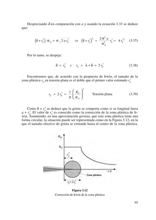 Despreciando δ en comparación con a y usando la ecuación 3.33 se deduce
que:
(3.37)
Por lo tanto, se despeja:
(3.38)
Encontramos que, de acuerdo con la propuesta de Irwin, el tamaño de la
zona plástica rp en tensión plana es el doble que el primer valor estimado rp
*
Tensión plana (3.39)
Como δ = rp
* se deduce que la grieta se comporta como si su longitud fuera
a + rp
*. El valor de rp
* es conocido como la corrección de la zona plástica de Ir-
win. Asumiendo, en una aproximación grosera, que esta zona plástica tiene una
forma circular, la situación puede ser representada como en la Figura 3.12, en la
que el tamaño efectivo de grieta se extiende hasta el centro de la zona plástica.
Figura 3.12
Corrección de Irwin de la zona plástica
r r
K
p p
I
ys
= =
⎛
⎝
⎜
⎞
⎠
⎟2
1
2
*
π σ
δ λ δ= = + =r y r rp p p
* *
2
δ σ σ δ
σ
σ
+( )⋅ = ⇒ +( ) = =r a r r
a
r rp ys p p
ys
p p
* * * * *
2
2
4
2
2
2
2
65
 