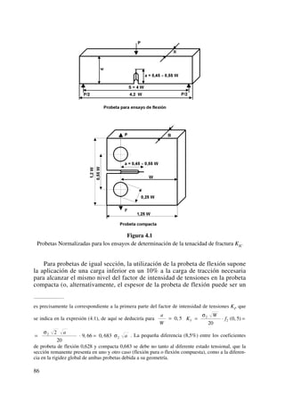 Figura 4.1
Probetas Normalizadas para los ensayos de determinación de la tenacidad de fractura KIC
Para probetas de igual sección, la utilización de la probeta de flexión supone
la aplicación de una carga inferior en un 10% a la carga de tracción necesaria
para alcanzar el mismo nivel del factor de intensidad de tensiones en la probeta
compacta (o, alternativamente, el espesor de la probeta de flexión puede ser un
86
es precisamente la correspondiente a la primera parte del factor de intensidad de tensiones KI
, que
se indica en la expresión (4.1), de aquí se deduciría para
. La pequeña diferencia (8,5%) entre los coeficientes
de probeta de flexión 0,628 y compacta 0,683 se debe no tanto al diferente estado tensional, que la
sección remanente presenta en uno y otro caso (flexión pura o flexión compuesta), como a la diferen-
cia en la rigidez global de ambas probetas debida a su geometría.
a
a= ⋅ =
σ
σ2
2
2
20
9 66 0 683, ,
K
W
fI = ⋅ =
σ2
2
20
0 5( , )
a
W
= 0 5,
 