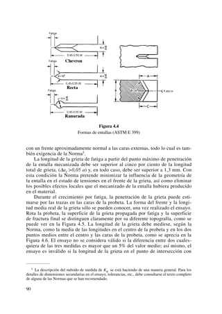 Figura 4.4
Formas de entallas (ASTM E 399)
con un frente aproximadamente normal a las caras externas, todo lo cual es tam-
bién exigencia de la Norma5.
La longitud de la grieta de fatiga a partir del punto máximo de penetración
de la entalla mecanizada debe ser superior al cinco por ciento de la longitud
total de grieta, (Δaf >0,05 a) y, en todo caso, debe ser superior a 1,3 mm. Con
esta condición la Norma pretende minimizar la influencia de la geometría de
la entalla en el estado de tensiones en el frente de la grieta, así como eliminar
los posibles efectos locales que el mecanizado de la entalla hubiera producido
en el material.
Durante el crecimiento por fatiga, la penetración de la grieta puede esti-
marse por las trazas en las caras de la probeta. La forma del frente y la longi-
tud media real de la grieta sólo se pueden conocer, una vez realizado el ensayo.
Rota la probeta, la superficie de la grieta propagada por fatiga y la superficie
de fractura final se distinguen claramente por su diferente topografía, como se
puede ver en la Figura 4.5. La longitud de la grieta debe medirse, según la
Norma, como la media de las longitudes en el centro de la probeta y en los dos
puntos medios entre el centro y las caras de la probeta, como se aprecia en la
Figura 4.6. El ensayo no se considera válido si la diferencia entre dos cuales-
quiera de las tres medidas es mayor que un 5% del valor medio; así mismo, el
ensayo es inválido si la longitud de la grieta en el punto de intersección con
90
5 La descripción del método de medida de KIC
se está haciendo de una manera general. Para los
detalles de dimensiones secundarias en el ensayo, tolerancias, etc., debe consultarse el texto completo
de alguna de las Normas que se han recomendado.
 