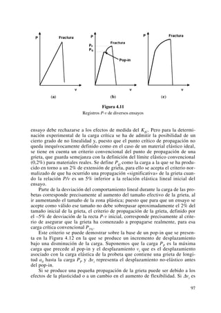 Figura 4.11
Registros P-v de diversos ensayos
ensayo debe rechazarse a los efectos de medida del KIC. Pero para la determi-
nación experimental de la carga crítica se ha de admitir la posibilidad de un
cierto grado de no linealidad y, puesto que el punto crítico de propagación no
queda inequívocamente definido como en el caso de un material elástico ideal,
se tiene en cuenta un criterio convencional del punto de propagación de una
grieta, que guarda semejanza con la definición del límite elástico convencional
(0,2%) para materiales reales. Se define PQ como la carga a la que se ha produ-
cido en torno a un 2% de extensión de grieta, para ello se acepta el criterio nor-
malizado de que ha ocurrido una propagación «significativa» de la grieta cuan-
do la relación P/v es un 5% inferior a la relación elástica lineal inicial del
ensayo.
Parte de la desviación del comportamiento lineal durante la carga de las pro-
betas corresponde precisamente al aumento del tamaño efectivo de la grieta, al
ir aumentando el tamaño de la zona plástica; puesto que para que un ensayo se
acepte como válido ese tamaño no debe sobrepasar aproximadamente el 2% del
tamaño inicial de la grieta, el criterio de propagación de la grieta, definido por
el –5% de desviación de la recta P-v inicial, corresponde precisamente al crite-
rio de asegurar que la grieta ha comenzado a propagarse realmente, para esa
carga crítica convencional P5%.
Este criterio se puede demostrar sobre la base de un pop-in que se presen-
ta en la Figura 4.12 en la que se produce un incremento de desplazamiento
bajo una disminución de la carga. Suponemos que la carga PP es la máxima
carga que precede al pop-in y el desplazamiento vi que es el desplazamiento
asociado con la carga elástica de la probeta que contiene una grieta de longi-
tud a0 hasta la carga PP y Δvi representa el desplazamiento no-elástico antes
del pop-in.
Si se produce una pequeña propagación de la grieta puede ser debido a los
efectos de la plasticidad o a un cambio en el aumento de flexibilidad. Si Δvi es
97
 