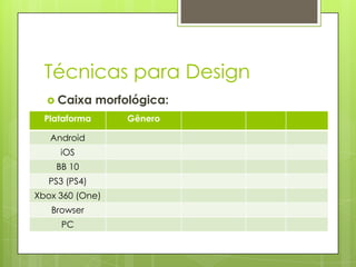Técnicas para Design
 Caixa

morfológica:

Plataforma
Android
iOS
BB 10

PS3 (PS4)
Xbox 360 (One)
Browser
PC

Gênero

 