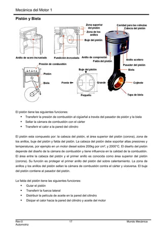 Mecánica del Motor 1
Pistón y Biela
El pistón tiene las siguientes funciones:
 Transferir la presión de combustión al cigüeñal a través del pasador de pistón y la biela
 Sellar la cámara de combustión con el cárter
 Transferir el calor a la pared del cilindro
El pistón esta compuesto por: la cabeza del pistón, el área superior del pistón (corona), zona de
los anillos, buje del pistón y falda del pistón. La cabeza del pistón debe soportar altas presiones y
temperaturas, por ejemplo en un motor diesel sobre 200kg por cm², y 2000°C. El diseño del pistón
depende del diseño de la cámara de combustión y tiene influencia en la calidad de la combustión.
El área entre la cabeza del pistón y el primer anillo es conocida como área superior del pistón
(corona). Su función es proteger el primer anillo del pistón del sobre calentamiento. La zona de
anillos y los anillos del pistón sellan la cámara de combustión contra el cárter y viceversa. El buje
del pistón contiene al pasador del pistón.
La falda del pistón tiene las siguientes funciones:
 Guiar el pistón
 Transferir la fuerza lateral
 Distribuir la película de aceite en la pared del cilindro
 Disipar el calor hacia la pared del cilindro y aceite del motor
Rev:0 17 Mundo Mecánica
Automotriz
 