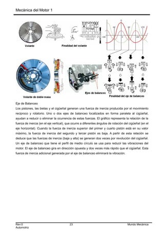 Mecánica del Motor 1
Eje de Balanceo
Los pistones, las bielas y el cigüeñal generan una fuerza de inercia producida por el movimiento
reciproco y rotatorio. Uno o dos ejes de balanceo localizados en forma paralela al cigüeñal,
ayudan a reducir o eliminar la ocurrencia de estas fuerzas. El gráfico representa la relación de la
fuerza de inercia (en el eje vertical), que ocurre a diferentes ángulos de rotación del cigüeñal (en el
eje horizontal). Cuando la fuerza de inercia superior del primer y cuarto pistón está en su valor
máximo, la fuerza de inercia del segundo y tercer pistón es baja. A partir de esta relación se
deduce que las fuerzas de inercia (baja y alta) se generan dos veces por revolución del cigüeñal.
Un eje de balanceo que tiene el perfil de medio círculo se usa para reducir las vibraciones del
motor. El eje de balanceo gira en dirección opuesta y dos veces más rápido que el cigüeñal. Esta
fuerza de inercia adicional generada por el eje de balanceo eliminará la vibración.
Rev:0 23 Mundo Mecánica
Automotriz
 