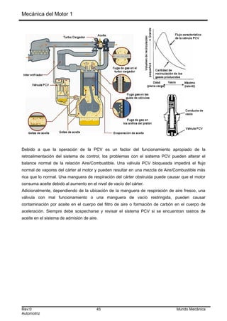 Mecánica del Motor 1
Debido a que la operación de la PCV es un factor del funcionamiento apropiado de la
retroalimentación del sistema de control, los problemas con el sistema PCV pueden alterar el
balance normal de la relación Aire/Combustible. Una válvula PCV bloqueada impedirá el flujo
normal de vapores del cárter al motor y pueden resultar en una mezcla de Aire/Combustible más
rica que lo normal. Una manguera de respiración del cárter obstruida puede causar que el motor
consuma aceite debido al aumento en el nivel de vacío del cárter.
Adicionalmente, dependiendo de la ubicación de la manguera de respiración de aire fresco, una
válvula con mal funcionamiento o una manguera de vacío restringida, pueden causar
contaminación por aceite en el cuerpo del filtro de aire o formación de carbón en el cuerpo de
aceleración. Siempre debe sospecharse y revisar el sistema PCV si se encuentran rastros de
aceite en el sistema de admisión de aire.
Rev:0 45 Mundo Mecánica
Automotriz
 