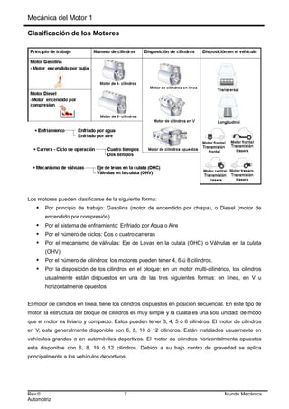 Mecánica del Motor 1
Clasificación de los Motores
Los motores pueden clasificarse de la siguiente forma:
 Por principio de trabajo: Gasolina (motor de encendido por chispa), o Diesel (motor de
encendido por compresión)
 Por el sistema de enfriamiento: Enfriado por Agua o Aire
 Por el número de ciclos: Dos o cuatro carreras
 Por el mecanismo de válvulas: Eje de Levas en la culata (OHC) o Válvulas en la culata
(OHV)
 Por el número de cilindros: los motores pueden tener 4, 6 ú 8 cilindros.
 Por la disposición de los cilindros en el bloque: en un motor multi-ciIindrico, los cilindros
usualmente están dispuestos en una de las tres siguientes formas: en línea, en V u
horizontalmente opuestos.
El motor de cilindros en línea, tiene los cilindros dispuestos en posición secuencial. En este tipo de
motor, la estructura del bloque de cilindros es muy simple y la culata es una sola unidad, de modo
que el motor es liviano y compacto. Estos pueden tener 3, 4, 5 ó 6 cilindros. El motor de cilindros
en V, esta generalmente disponible con 6, 8, 10 ó 12 cilindros. Están instalados usualmente en
vehículos grandes o en automóviles deportivos. El motor de cilindros horizontalmente opuestos
esta disponible con 6, 8, 10 ó 12 cilindros. Debido a su bajo centro de gravedad se aplica
principalmente a los vehículos deportivos.
Rev:0 7 Mundo Mecánica
Automotriz
 