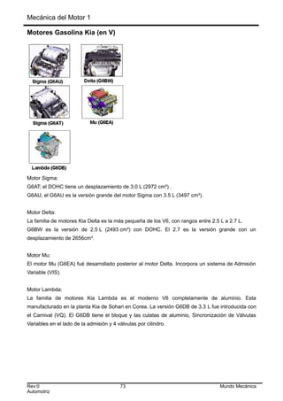 Mecánica del Motor 1
Motores Gasolina Kia (en V)
Motor Sigma:
G6AT; el DOHC tiene un desplazamiento de 3.0 L (2972 cm³) .
G6AU, el G6AU es la versión grande del motor Sigma con 3.5 L (3497 cm³).
Motor Delta:
La familia de motores Kia Delta es la más pequeña de los V6, con rangos entre 2.5 L a 2.7 L.
G6BW es la versión de 2.5 L (2493 cm³) con DOHC. El 2.7 es la versión grande con un
desplazamiento de 2656cm³.
Motor Mu:
El motor Mu (G6EA) fué desarrollado posterior al motor Delta. Incorpora un sistema de Admisión
Variable (VIS).
Motor Lambda:
La familia de motores Kia Lambda es el moderno V6 completamente de aluminio. Esta
manufacturado en la planta Kia de Sohari en Corea. La versión G6DB de 3.3 L fue introducida con
el Carnival (VQ). El G6DB tiene el bloque y las culatas de aluminio, Sincronización de Válvulas
Variables en el lado de la admisión y 4 válvulas por cilindro.
Rev:0 73 Mundo Mecánica
Automotriz
 